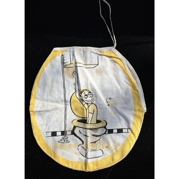 Vintage 1950’s Linen Novelty Toilet Seat Cover No Butts Double Sided Yellow - Picture 2 of 8
